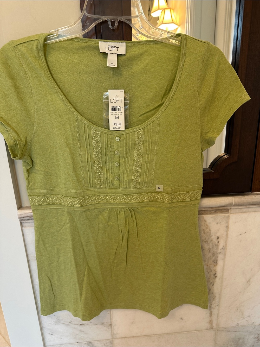 LOFT Olive Green Scoop Neck Short Sleeve Top with Pintuck Detail